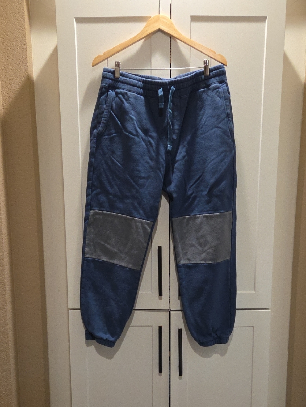 American Giant Two-Tone Blue Joggers with Gray Knee Panels